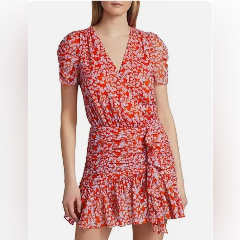 TANYA TAYLOR $495 Zora Floral Shirred Ruffle Drop Waist Silk Dress Size 10